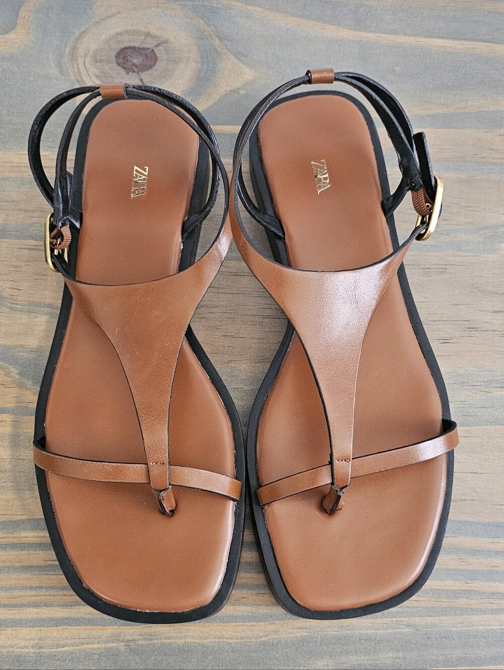 ZARA Brown Leather T-Strap Sandals